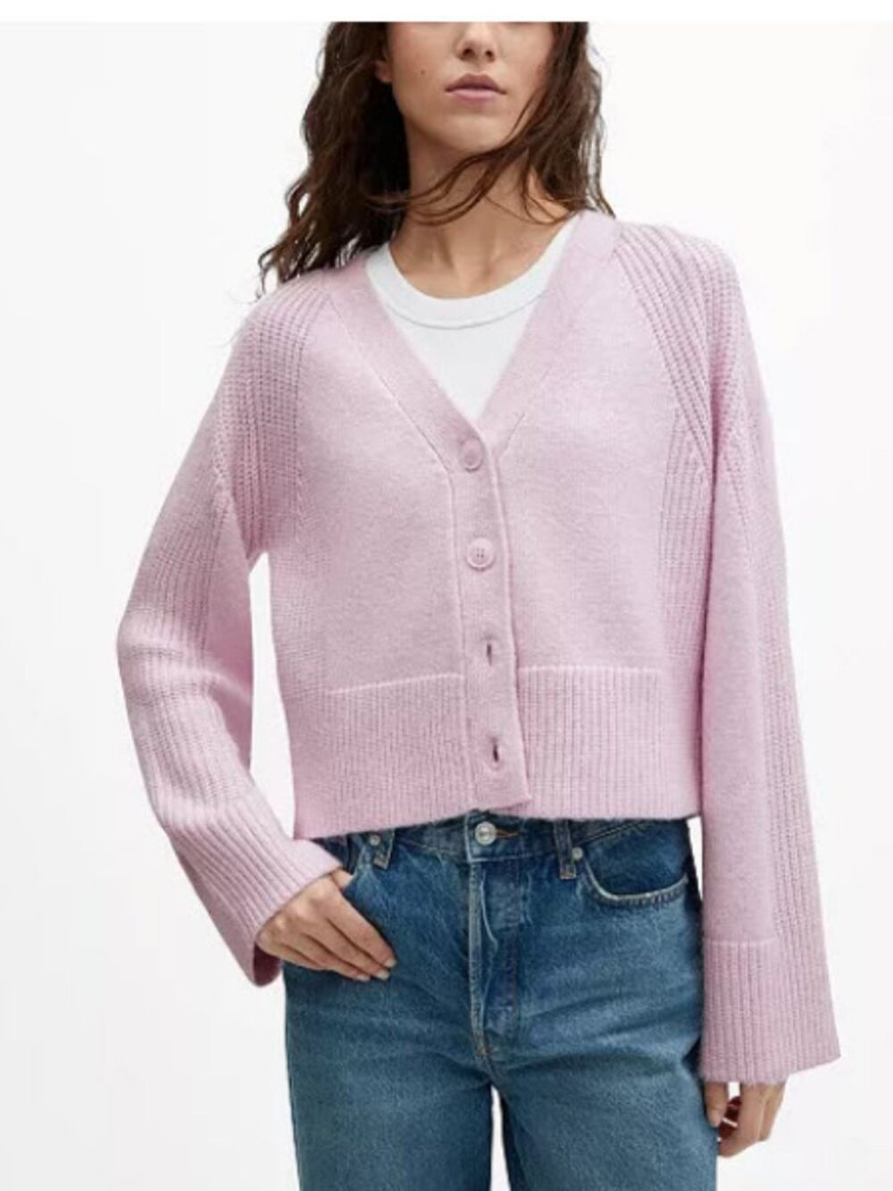 Womens MNG Mango (Item-29) Pastel Lilac V-Neck Wool Polyester Cardigan Sweater M